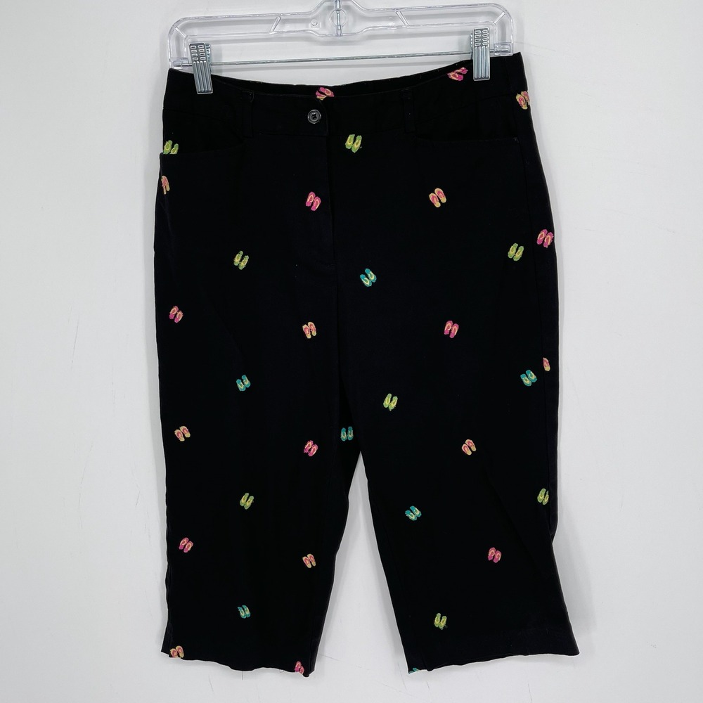 Harve Benard Women's Black Flip Flop Embroidered Stretch Capri Pants Size 6